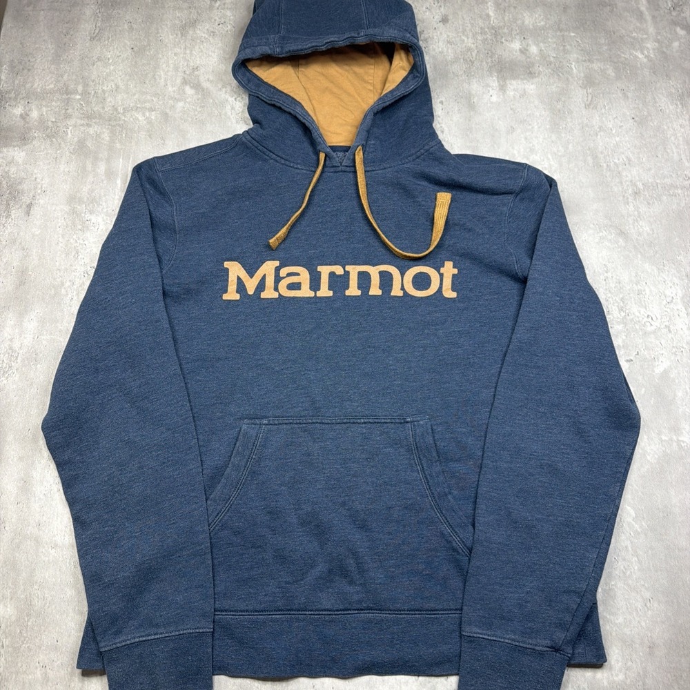 Marmot Hoodie Mens Medium Blue Heathered Graphic Logo Pullover Outdoors Sweater
